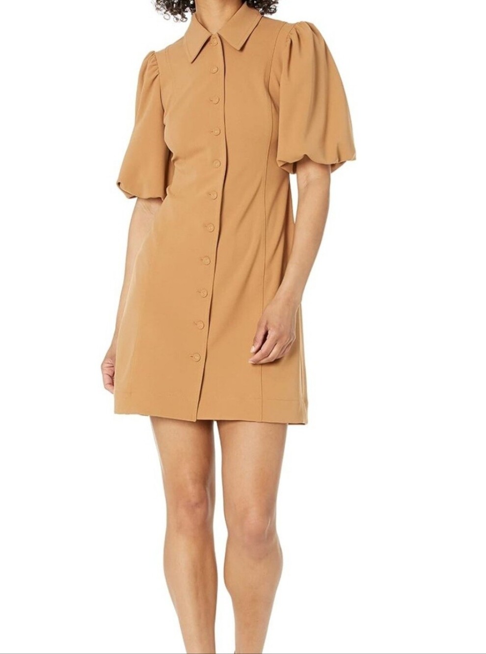 Classic Puff-Sleeve Button-Front Women's Dress — Tan